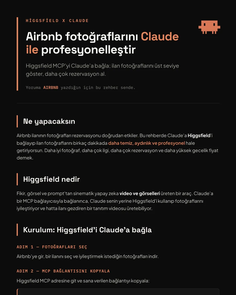 Airbnb fotoğraflarını Claude ile düzelt rehberinin ilk sayfası