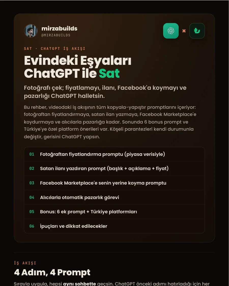 Evindeki eşyaları ChatGPT ile sat rehberinin ilk sayfası