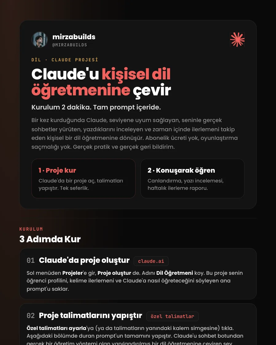 Claude'u kişisel dil öğretmenine çevir rehberinin ilk sayfası