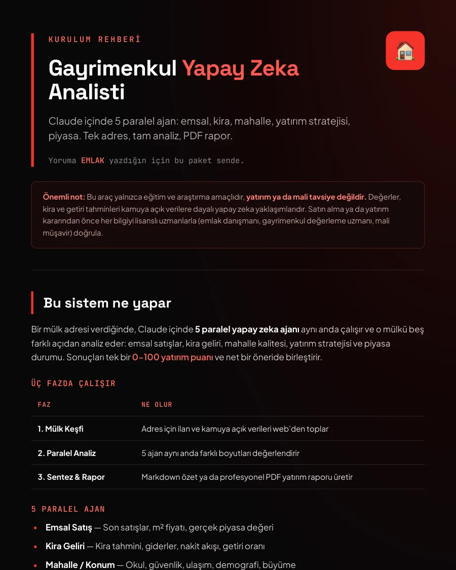 Gayrimenkul AI analisti rehberinin ilk sayfası