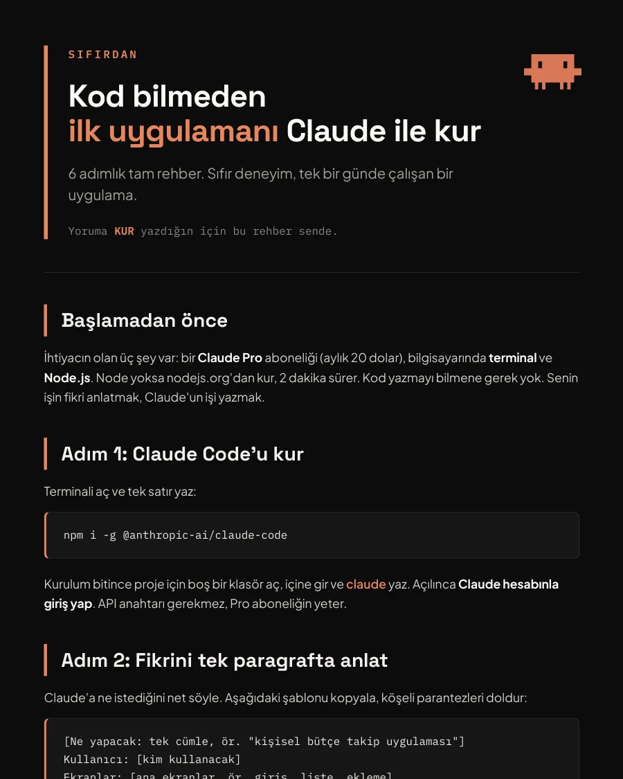 Kod bilmeden ilk uygulamanı kur rehberinin ilk sayfası