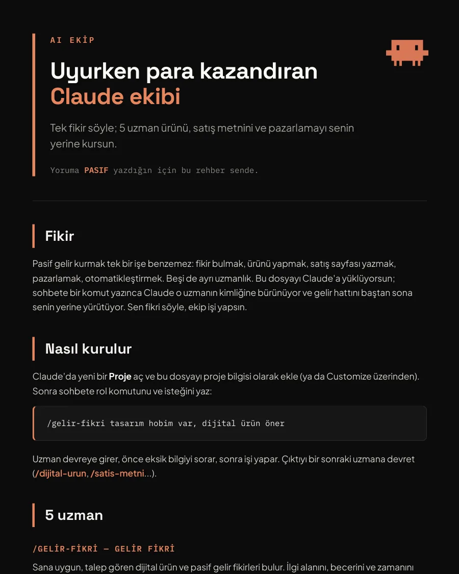 Pasif gelir için Claude ekibi rehberinin ilk sayfası